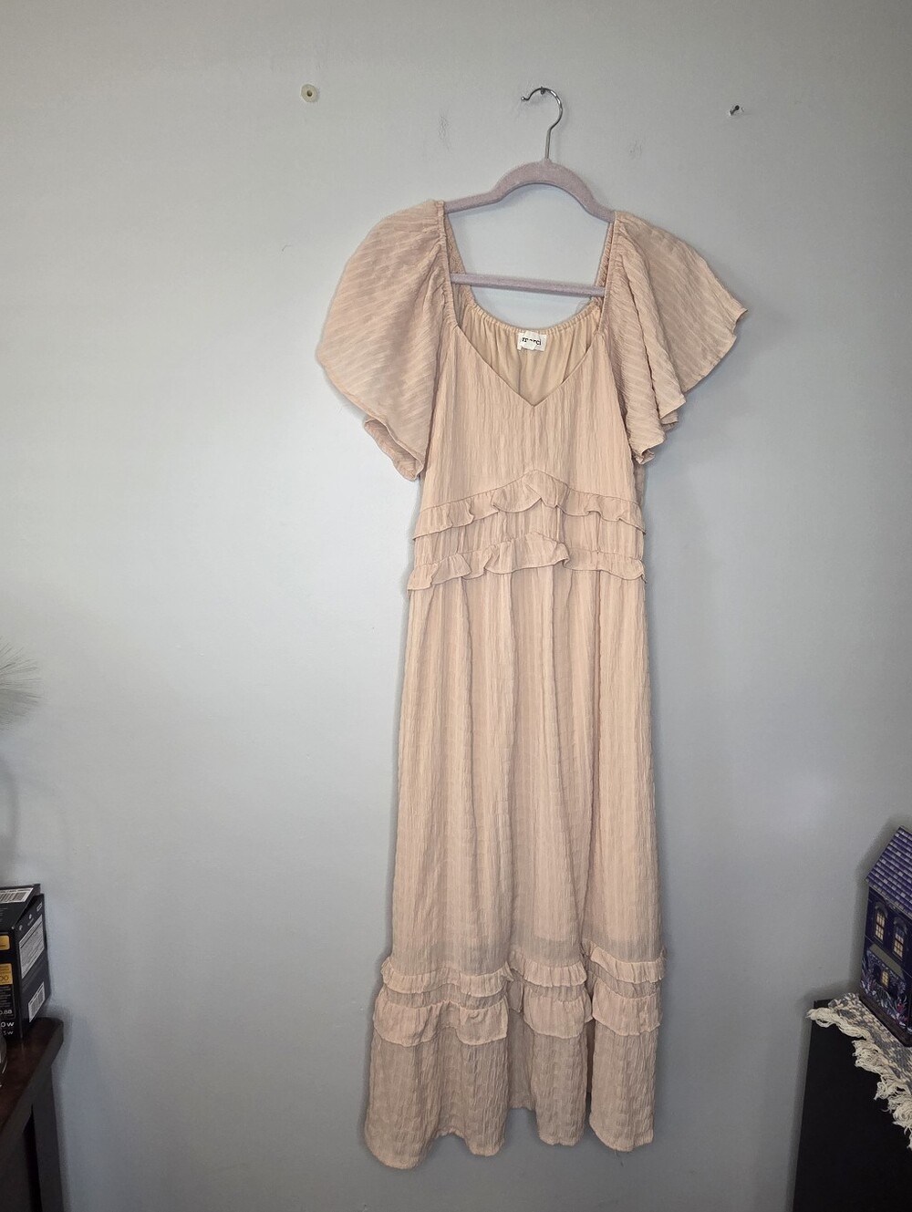 Merci Women's Blush Pink Ruffle Midi Dress, Sz M